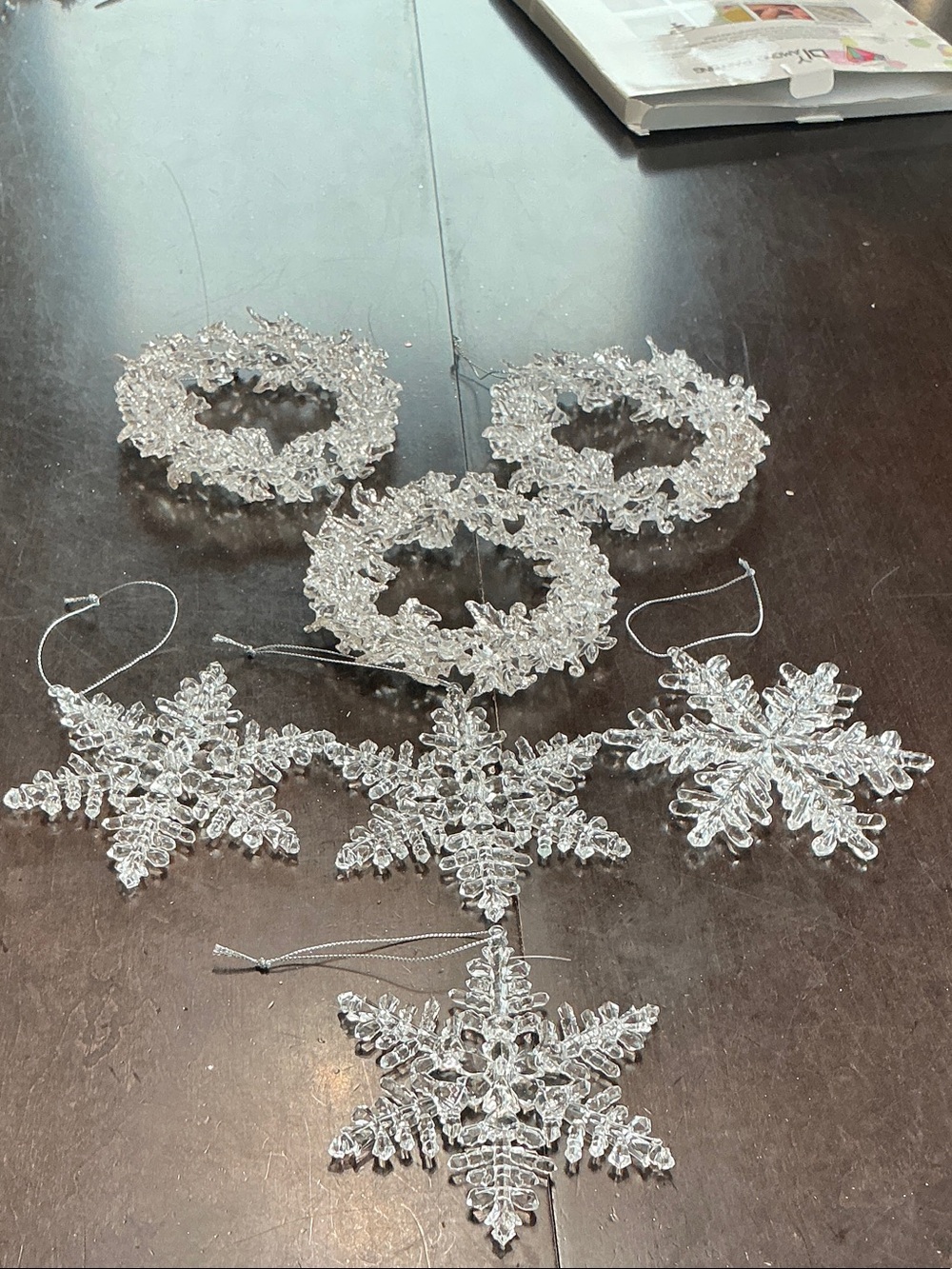 Clear Crystal Snowflake and Wreath Ornaments - Pack of 7
